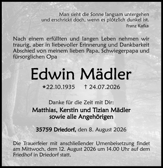 Traueranzeige von Edwin Mädler von Dill Block