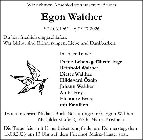 Traueranzeige von Egon Walther von Allgemeine Zeitung Mainz