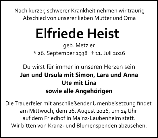 Traueranzeige von Elfriede Heist von Allgemeine Zeitung Mainz