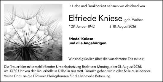 Traueranzeige von Elfriede Kniese von Wetzlarer Neue Zeitung