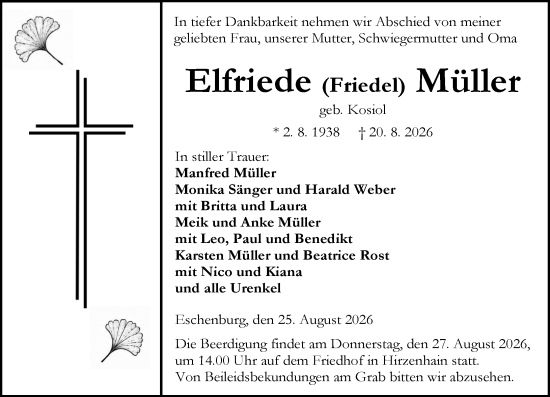 Traueranzeige von Elfriede Müller von Dill Block