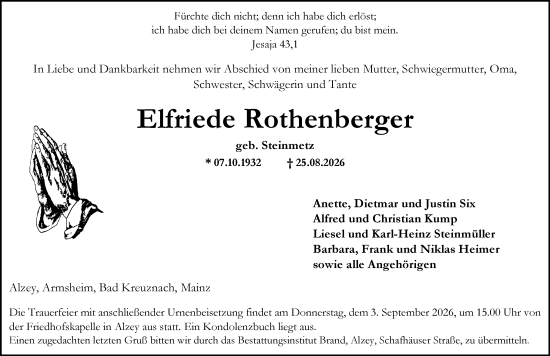 Traueranzeige von Elfriede Rothenberger von Allgemeine Zeitung Alzey