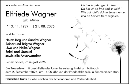 Traueranzeige von Elfriede Wagner von Hinterländer Anzeiger