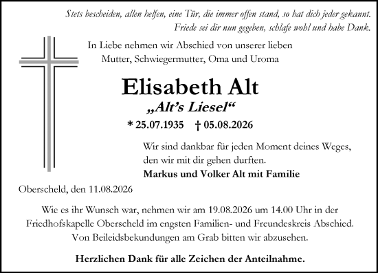 Traueranzeige von Elisabeth Alt von Dill Block