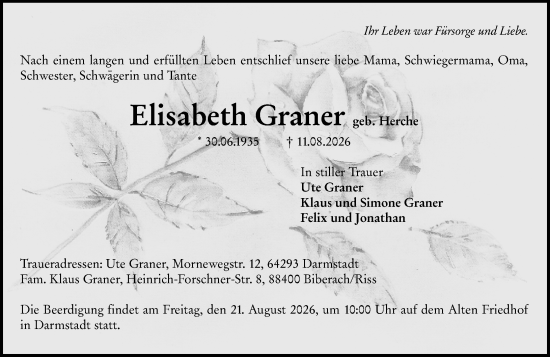 Traueranzeige von Elisabeth Graner von Darmstädter Echo