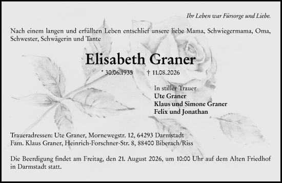 Traueranzeige von Elisabeth Graner von Darmstädter Echo