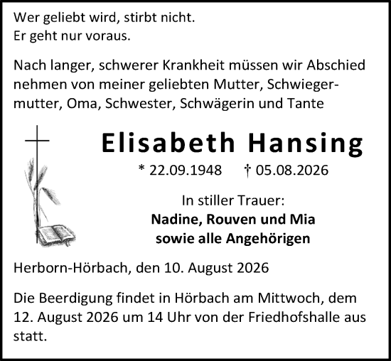 Traueranzeige von Elisabeth Hansing von Dill Block