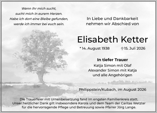 Traueranzeige von Elisabeth Ketter von Weilburger Tageblatt