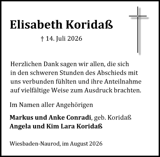 Traueranzeige von Elisabeth Koridaß von Wiesbadener Kurier