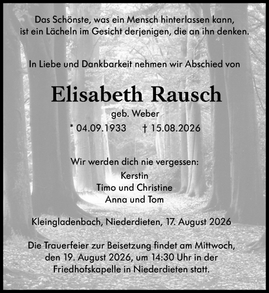 Traueranzeige von Elisabeth Rausch von Hinterländer Anzeiger