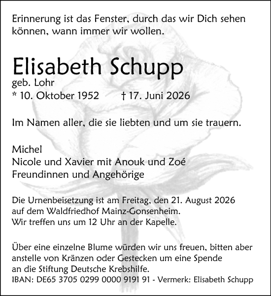 Traueranzeige von Elisabeth Schupp von Allgemeine Zeitung Rheinhessen-Nahe