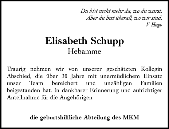 Traueranzeige von Elisabeth Schupp von Allgemeine Zeitung Mainz