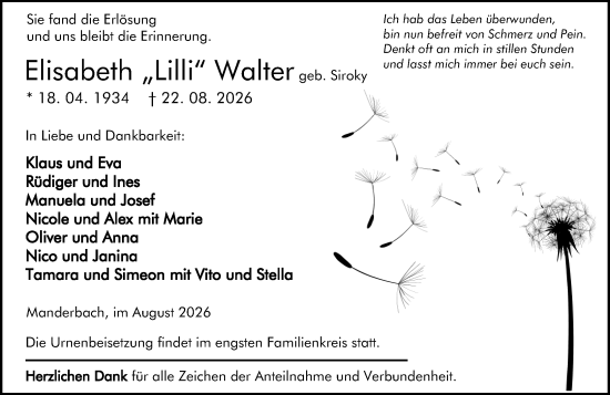Traueranzeige von Elisabeth Walter von Dill Block