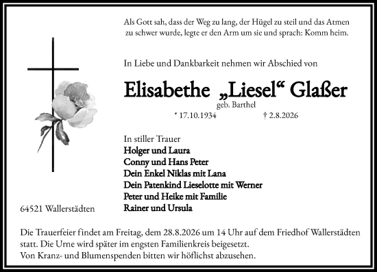 Traueranzeige von Elisabethe Glaßer von Groß-Gerauer Echo