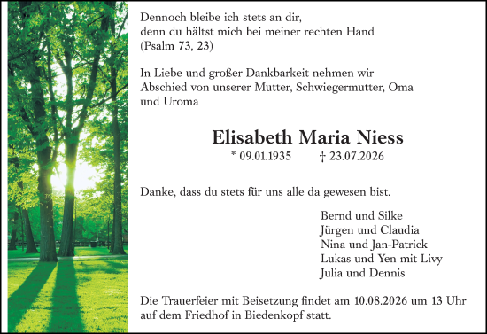Traueranzeige von Elisabeth Maria Niess von Hinterländer Anzeiger