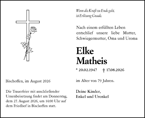 Traueranzeige von Elke Matheis von Wetzlarer Neue Zeitung