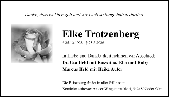 Traueranzeige von Elke Trotzenberg von Allgemeine Zeitung Mainz