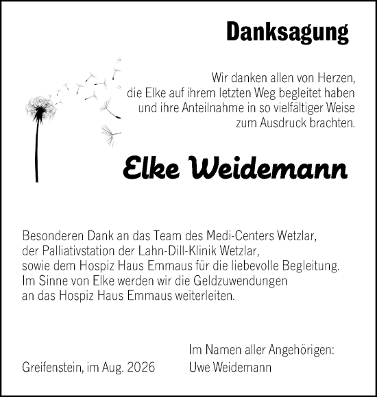 Traueranzeige von Elke Weidemann von Wetzlarer Neue Zeitung