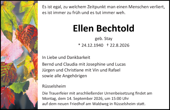 Traueranzeige von Ellen Bechtold von Rüsselsheimer Echo