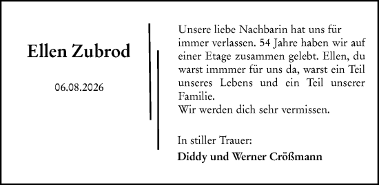 Traueranzeige von Ellen Zubrod von Allgemeine Zeitung Mainz