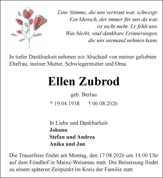 Traueranzeige von Ellen Zubrod von Allgemeine Zeitung Mainz