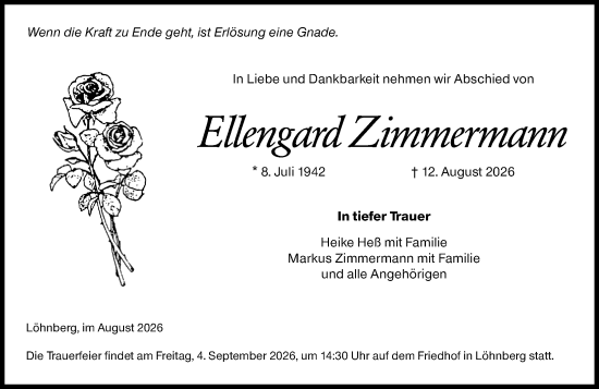 Traueranzeige von Ellengard Zimmermann von Weilburger Tageblatt
