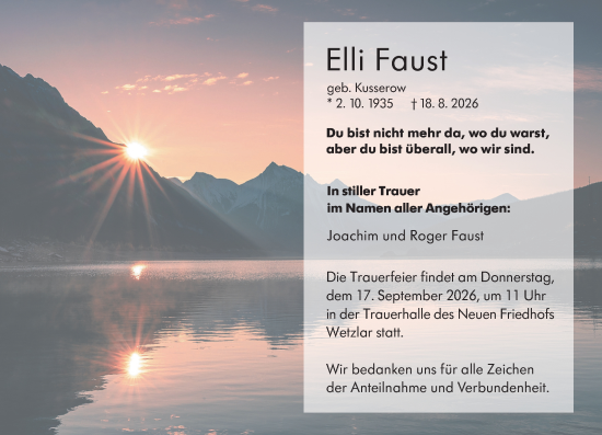 Traueranzeige von Elli Faust von Wetzlarer Neue Zeitung