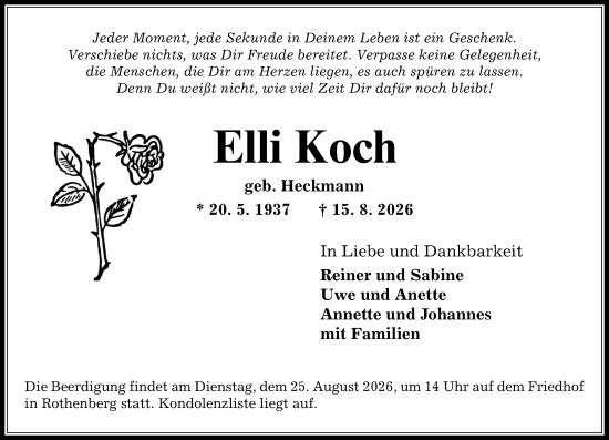 Traueranzeige von Elli Koch von Odenwälder Echo