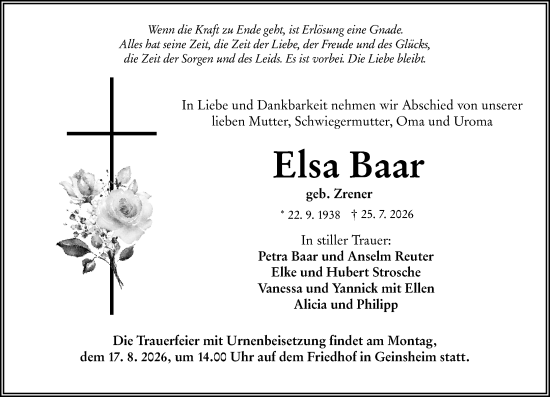 Traueranzeige von Elsa Baar von Groß-Gerauer Echo