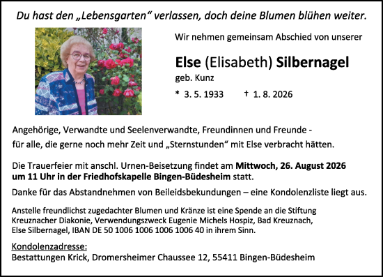 Traueranzeige von Else (Elisabeth) Silbernagel von Allgemeine Zeitung Rheinhessen-Nahe