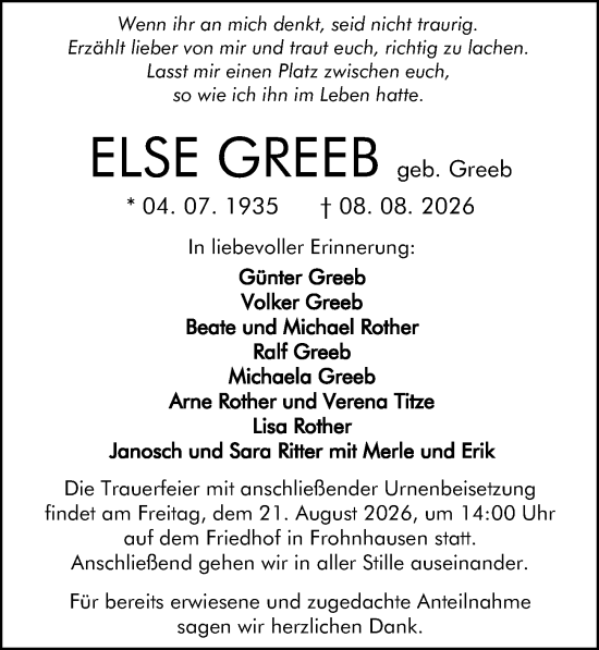 Traueranzeige von Else Greeb von Dill Block