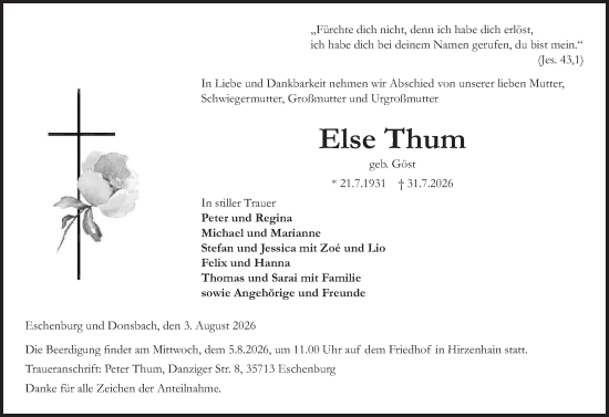 Traueranzeige von Else Thum von Dill Block