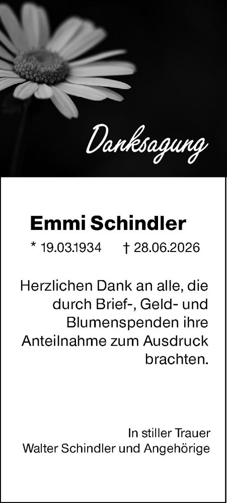 Traueranzeige von Emmi Schindler von Camberger Anzeiger