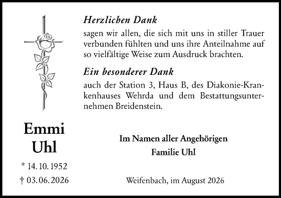 Traueranzeige von Emmi Uhl von Hinterländer Anzeiger