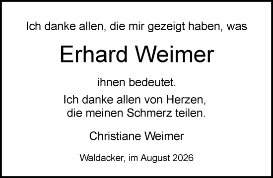 Traueranzeige von Erhard Weimer von Dieburger Anzeiger/Groß-Zimmerner Lokal-Anzeiger