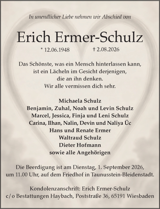 Traueranzeige von Erich Ermer-Schulz von Wiesbadener Kurier
