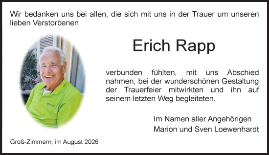 Traueranzeige von Erich Rapp von Dieburger Anzeiger/Groß-Zimmerner Lokal-Anzeiger
