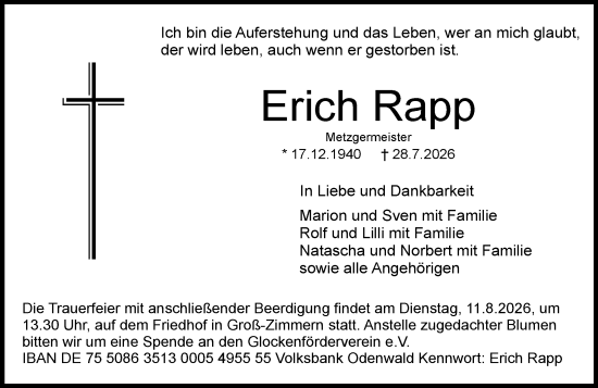 Traueranzeige von Erich Rapp von Dieburger Anzeiger/Groß-Zimmerner Lokal-Anzeiger
