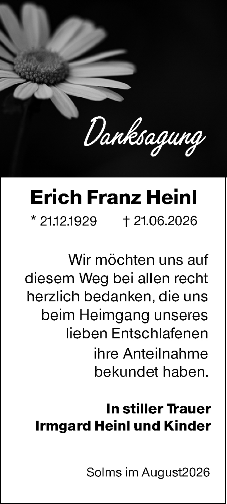 Traueranzeige von Erich Franz Heinl von Wetzlarer Neue Zeitung