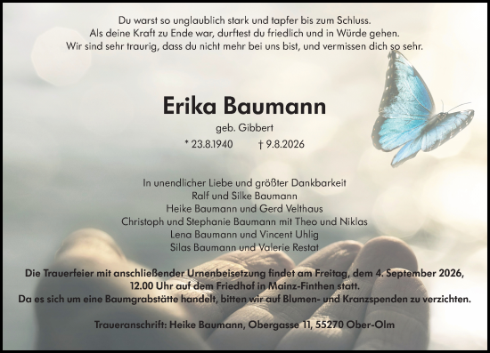 Traueranzeige von Erika Baumann von Allgemeine Zeitung Mainz