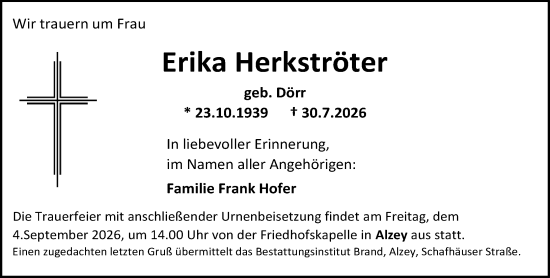 Traueranzeige von Erika Herkströter von Allgemeine Zeitung Alzey