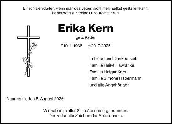 Traueranzeige von Erika Kern von Wetzlarer Neue Zeitung
