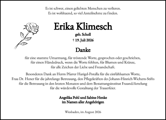 Traueranzeige von Erika Klimesch von Wiesbadener Kurier