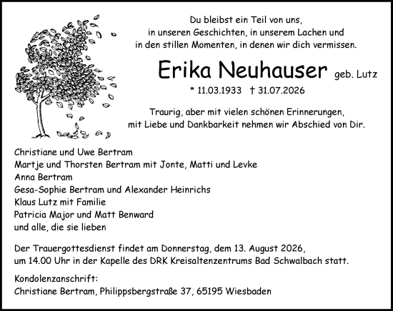 Traueranzeige von Erika Neuhauser von Idsteiner Land/Untertaunus