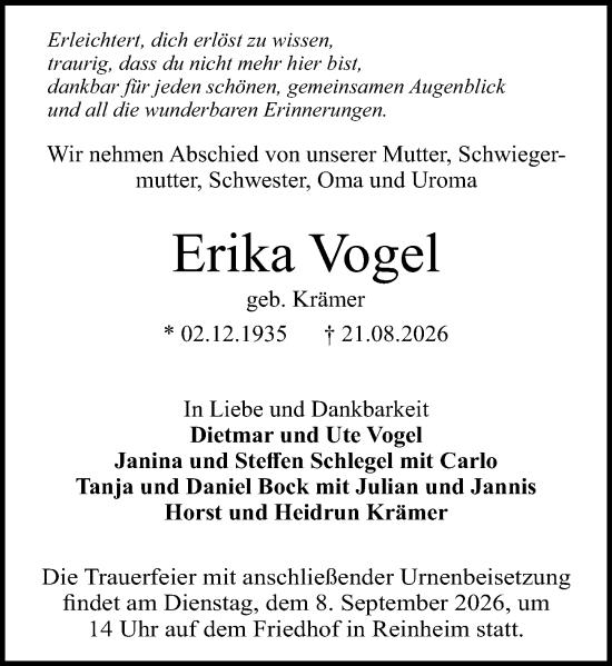 Traueranzeige von Erika Vogel von Darmstädter Echo