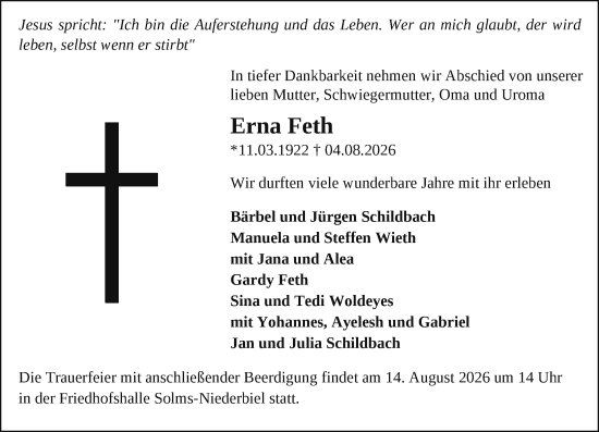 Traueranzeige von Erna Feth von Wetzlarer Neue Zeitung