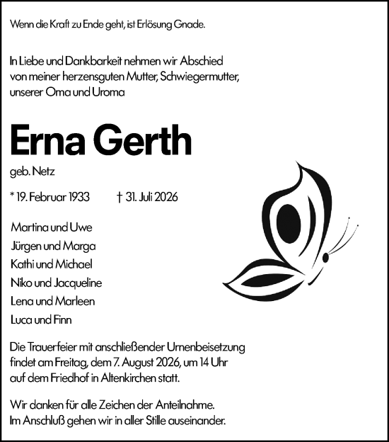 Traueranzeige von Erna Gerth von Wetzlarer Neue Zeitung