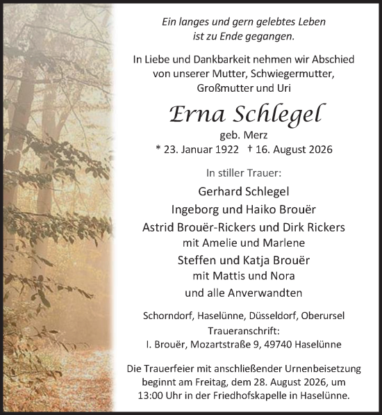 Traueranzeige von Erna Schlegel von Wetzlarer Neue Zeitung