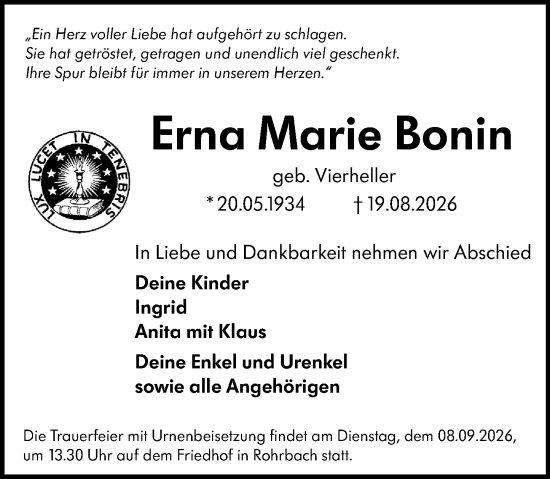 Traueranzeige von Erna Marie Bonin von Darmstädter Echo