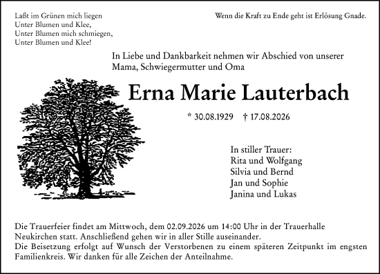 Traueranzeige von Erna Marie Lauterbach von Wetzlarer Neue Zeitung